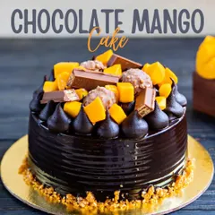 The best of both worlds: our Chocolate Mango Cake. Rich chocolate cake is topped with fresh mango chunks and chocolate pieces for an unexpectedly delicious combination.