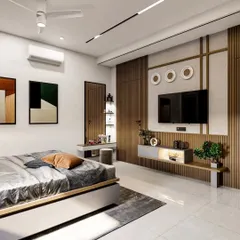 This bedroom design combines functionality and style with a stunning TV wall unit featuring wooden fluting and integrated shelving. The room also includes a dedicated vanity corner, showcasing our ability to create multi-functional spaces.