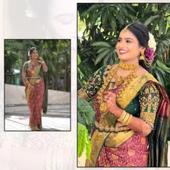 A collage showcasing the bride's complete look. The rich colors of her Kanjivaram saree and the intricate temple jewelry create a regal and timeless appearance.