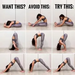 I use these "Want this? Avoid this. Try this" guides often. They clearly show how small adjustments, like bending the knees in a forward fold, can lead to a safer and more effective practice.