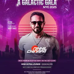 The poster for 'A Galactic Gala' NYE party with Nikhil Chinapa. We create compelling event themes and artwork to build a unique identity for our New Year's celebrations.