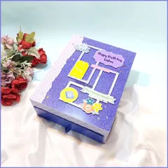 The exterior of the 'Shirt Box' can be customized with any theme or color, like this vibrant purple one for a birthday. I add personalized messages and embellishments to make it special.