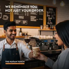 I remember you, not just your order. A barista hands a customer a coffee with her name on it, symbolizing the personal and human touch I strive for in every interaction.