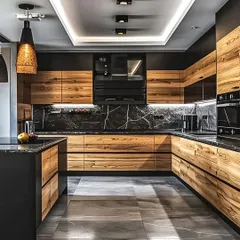 We love creating kitchens that are both beautiful and highly functional. This U-shaped kitchen design combines the natural warmth of wood-grain cabinets with the bold statement of black marble countertops and backsplash, complete with integrated appliances and ambient lighting for a professional feel.