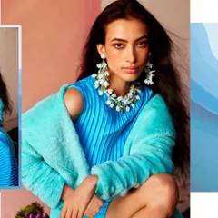 A vibrant look from the 'UTOPIA' campaign, where the focus is on the beautiful floral earrings and necklace. The styling uses bold color blocking with a turquoise pleated top and fuzzy jacket to make the accessories pop.