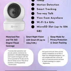 This infographic details the features of the popular EZVIZ indoor camera we install. It highlights key specifications like 1080p resolution, 360-degree pan-and-tilt coverage, smart motion tracking, and two-way audio communication.