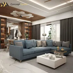 This living room design balances comfort and style with a large L-shaped sofa, a unique ceiling detail above the fan, and a clear view into the adjoining dining area, creating an open and connected living space.
