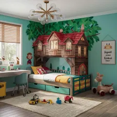 A whimsical treehouse-themed loft bed I can create for your child's room. This design includes under-bed storage drawers and creates a magical space for play and sleep.