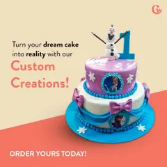 Bring your child's favourite characters to the party with a custom theme cake. This two-tiered 'Frozen' cake, complete with an Olaf topper, is crafted with detailed fondant work to make any birthday magical.