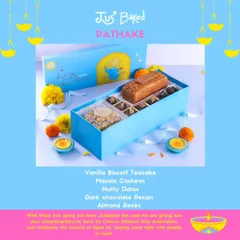 Our 'Pathake' Diwali box is designed to have something for everyone in the family. It includes a Vanilla Biscoff Teacake, Masala Cashews, Nutty Dates, and Dark Chocolate Pecan Almond Rocks.