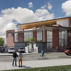 This is the main kerb appeal for the KMYF Rehabilitation Center. The design uses rectangular brick volumes interspersed with large glass sections to create a warm, wellness-centric feeling. The floating canopy roof adds a light, identifying element to the structure.
