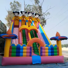 Another view of a large multi-lane slide, this one with four lanes. The Mickey Mouse theme and rainbow colors make it a very popular choice.