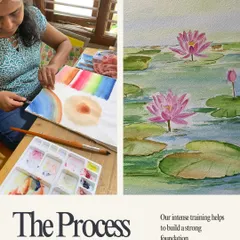 This image shows the process and the outcome of our intense training. From practicing color blending to creating a finished water lily painting, we help you build a strong foundation.