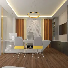 A contemporary office design with a sleek, futuristic desk and a statement art piece. The space includes ample storage and uses a mix of wood, marble, and metallic finishes for a high-end look.