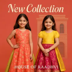 Introducing our new collection of kids' lehengas. This image features two of our little models wearing bright and beautiful ethnic gowns, perfect for any celebration.