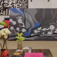 The 'Cognizance' painting in my studio, a piece that translates the memory of a night sky into abstract shapes and textures, including mosaic-like patterns.