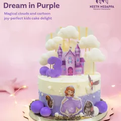 A princess dream in purple for a magical third birthday. This cake brings a fairytale to life with a castle, fluffy fondant clouds, and beloved characters, all designed to match a royal celebration.