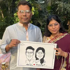 Capturing a special moment for this lovely couple during a wedding celebration at the Taj Land's End, Mumbai. A classic black and white caricature makes for a timeless keepsake.