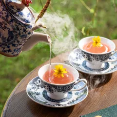 The gentle pour of steaming hot water into a delicate teacup, creating a sense of calm and ritual.