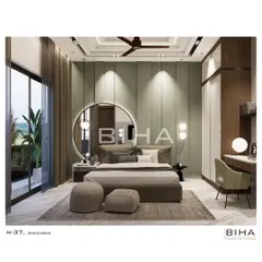For this son's bedroom, we introduced a vibrant sage green accent wall to create a refreshing yet sophisticated atmosphere. A large, backlit circular mirror serves as a modern focal point, while full-height windows allow abundant natural light to fill the space. The design balances youthful energy with timeless style.