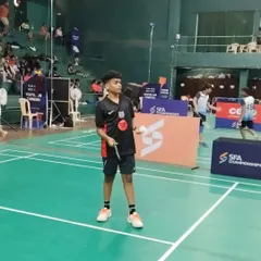 Focus and determination in action. Here is our trainee Aryan Pednekar during a match at the SFA Championship, where he went on to clinch the U15 Boys' Doubles title.