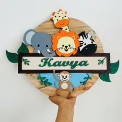 Bring the adventure indoors with a custom jungle-themed nameplate for your little one's room. Each animal is hand-painted on wood, creating a playful and personal piece of decor that sparks imagination.