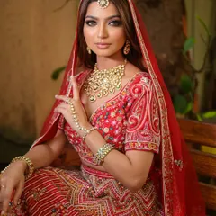 Feel like royalty in this complete bridal look. The heavy polki necklace set, paired with a traditional red lehenga, ensures all eyes are on you. This is a classic choice for the main ceremony.