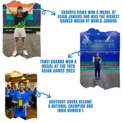 A snapshot of our 2023 achievements. From Tanvi Khanna's medal at the Asian Games to Abhyuday Arora becoming a national champion, our players have consistently reached the top of the podium.