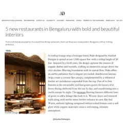 The full article in Architectural Digest, naming Nido as one of "5 new restaurants in Bengaluru with bold and beautiful interiors." This milestone fuels our passion for crafting inspiring spaces.