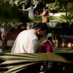 A collage of intimate moments from a couple's shoot, from dancing in the garden to a gentle kiss. We use creative framing to add a sense of privacy and artistry.