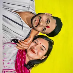 A vibrant pencil color sketch celebrating the beautiful bond between a brother and sister. The bright yellow background makes their happy expressions pop, creating a joyful and personal piece of art.