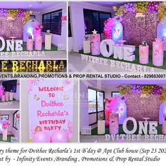 A little fairy theme for a first birthday at an apartment clubhouse. This setup includes a beautiful pink sequin backdrop, a semi-arch balloon garland, and a "ONE" table, creating a sparkling and magical space for the celebration.