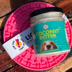 My Coconut Butter is a wonderful treat, especially in winter, as it helps keep your dog's coat healthy and skin moisturized. It's paired here with a lick mat for a fun enrichment activity.