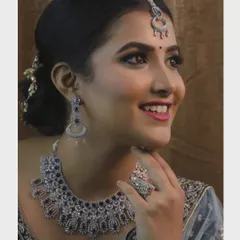 Another angle of the modern reception look, showing how the necklace and earrings sparkle. This set is a popular rental for evening events.