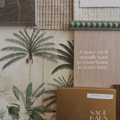 A space you will actually want to come home to starts here. This moodboard combines a tropical-themed wallpaper, a light wood sample, and a "Lightest Sky" Pantone chip to create a feeling of calm and escape.