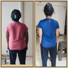 A back-view of Subhadra's 16 kg weight loss transformation. This angle clearly shows the significant reduction in body fat and improved posture, achieved entirely through our online coaching program.
