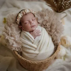 There is a timeless beauty in simplicity. This classic newborn portrait, with its soft, neutral tones and a cozy woven basket, focuses purely on the peaceful innocence of your sleeping baby.