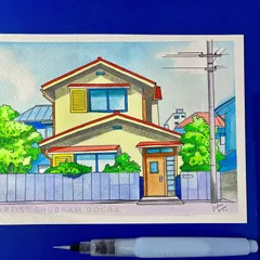 A watercolor illustration of Nobita's house from the beloved anime Doraemon. This nostalgic piece was created with Sakura Koi watercolors to capture the show's gentle and colorful art style.