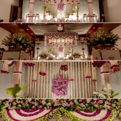A collage of the stunning floral decor from a wedding, showcasing the intricate arrangements on the mandap and stage.