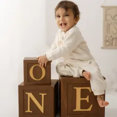 He's ONE. A classic first birthday portrait with large wooden blocks, capturing a proud and happy moment for this little boy.
