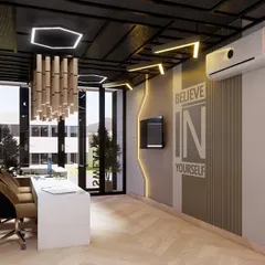 Another view of the gym reception, highlighting the motivational wall graphics and the unique "Before/After" mirrors. The design is meant to inspire clients from the moment they walk in.