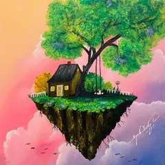 This surreal painting of a floating island with a cozy house and a swing evokes a sense of nostalgia and wonder. It was featured in our "Timeless Whispers" exhibition, celebrating simpler times and the beauty of imagination.