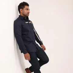 A side profile shot showing how the stripe detail continues down the arm, creating a cohesive and thoughtful design. This custom shirt is perfect for a sharp, polished look.