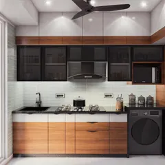 This kitchen design combines natural wood textures with modern black elements. The lower cabinets are finished in a warm wood laminate, while the upper cabinets have frosted black glass. I integrated the washing machine seamlessly into the layout next to the black granite sink.