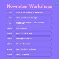 Our open workshop schedule for November is here! We've got 3D printing, laser-cut stamps, pop-up cards, vinyl decal mugs, and much more planned for the month.