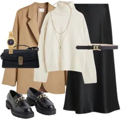 A perfect example of a chic work outfit. A cozy turtleneck sweater paired with a satin skirt and a classic camel blazer creates a look that is sophisticated, comfortable, and effortlessly stylish for the office.