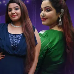 A composite image showcasing two of my distinct looks. On the left, a modern Western outfit for a corporate party, and on the right, a traditional look with ethnic jewelry for a cultural event.