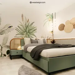 A bedroom that breathes. This design uses soft sage green, natural rattan on the headboard, and a botanical wall mural to create a calm, mindful space.