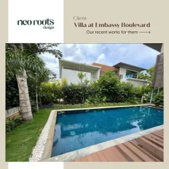 For this modern villa, I designed a landscape that seamlessly integrates with the home's architecture. The poolside wooden deck is bordered by dense, layered greenery, creating a private, resort-like oasis for relaxation and entertainment.