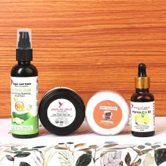 A lineup of skincare products against a wooden background. We use different textures and props to create a mood that matches your brand's aesthetic.
